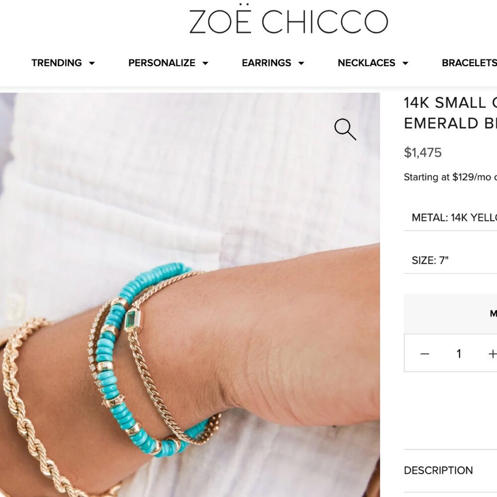 ZOË CHICCO 14k Gold Curb Chain Emerald Bracelet - 7" Chain - Picture 4 of 6